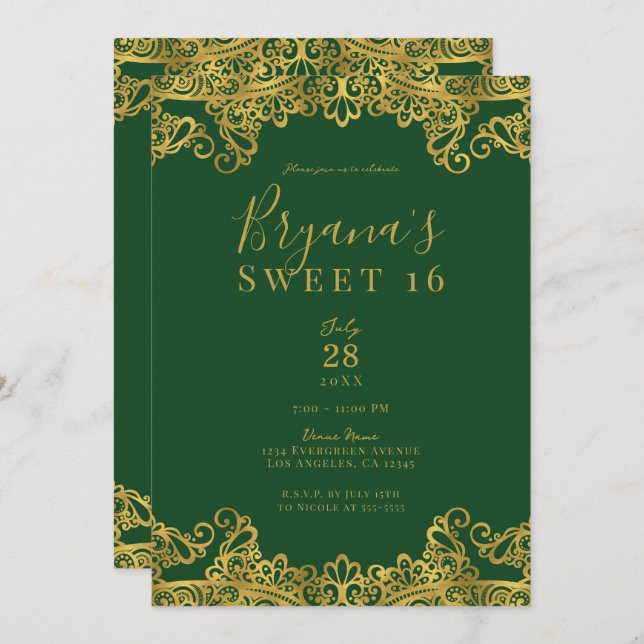 Invitación Verde oscuro y encaje dorado elegante dulce 16 Fie (Anverso / Reverso)