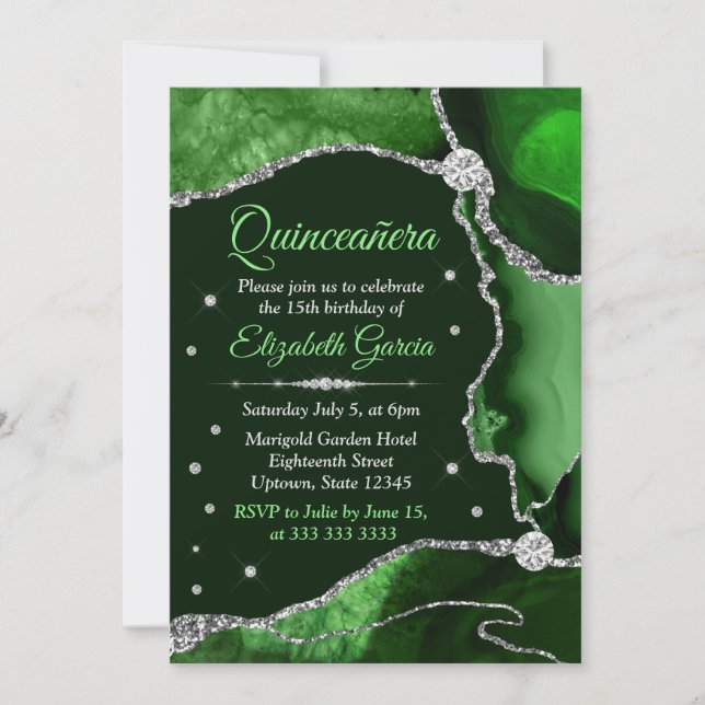 Invitación Verde oscuro y plata brillo Agata Quinceanera (Anverso)