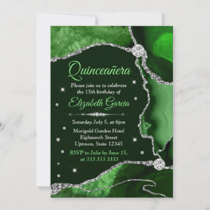 Invitación Verde oscuro y plata brillo Agata Quinceanera