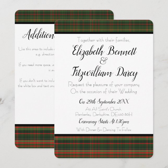 Invitación verde oscuro y roja de la boda del (Anverso / Reverso)