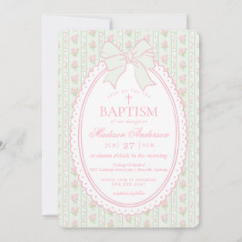Invitación Verde Pastel Antiguo Floral Elegante Bautizo