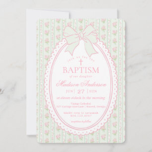 Invitación Verde Pastel Antiguo Floral Elegante Bautizo