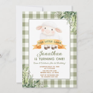 Invitación Verde Pequeño Cordero Primer Cumpleaños Niño Verde