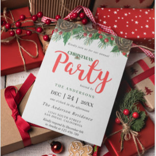 Invitación Verde Piña Ramas de Pino Fiesta de Navidad En