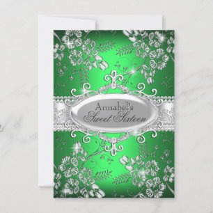 Invitación Verde Plata Destello Flor Dulce 16