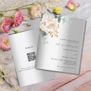 Invitación Verde plateado blanco floral código QR boda RSVP