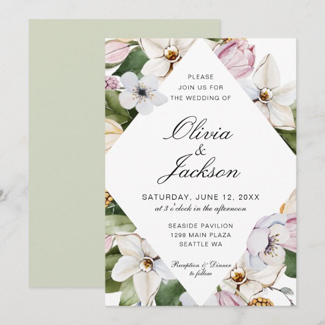 Invitación verde primavera | Boda floral de Tulip Daffodil ro (Anverso / Reverso)