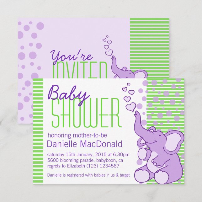Invitación verde púrpura a la ducha de bebé elefan (Anverso / Reverso)