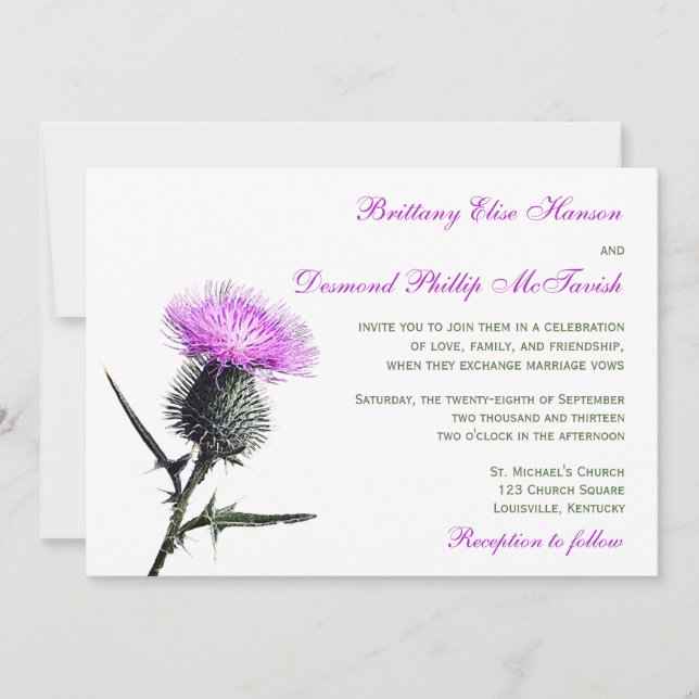 Invitación verde púrpura de la boda del cardo (Anverso)