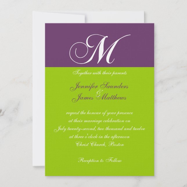Invitación verde púrpura elegante de la boda del (Anverso)