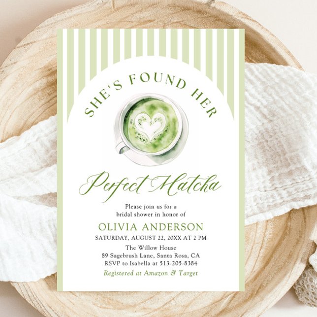 Invitación Verde que encontró su ducha nupcial Matcha perfect (Watercolor Green She's Found Her Perfect Matcha Bridal Shower Invitation)