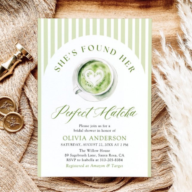 Invitación Verde que encontró su ducha nupcial Matcha perfect (Watercolor Green She's Found Her Perfect Matcha Bridal Shower Invitation)