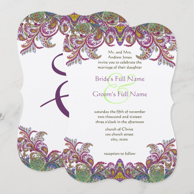 Invitación Verde Raspberry Golden Yellow Blue Paisley Peacock (Anverso / Reverso)