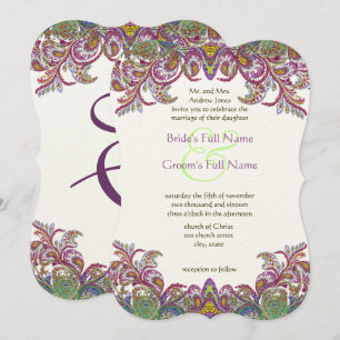 Invitación Verde Raspberry Golden Yellow Blue Paisley Peacock