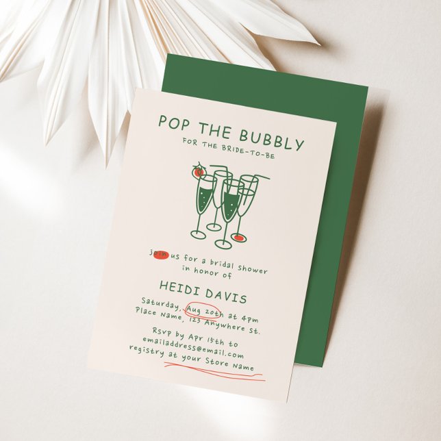 Invitación Verde Retro y rojo pop La burbuja de la ducha de n (Retro Green & Red Pop The Bubbly Bridal Shower Invitation)