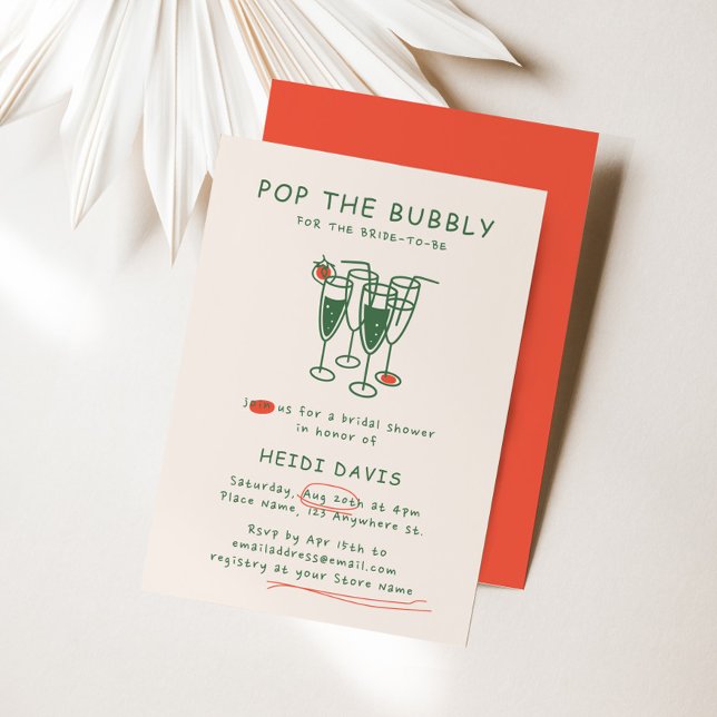 Invitación Verde Retro y rojo pop La burbuja de la ducha de n (Retro Green & Red Pop The Bubbly Bridal Shower Invitation)