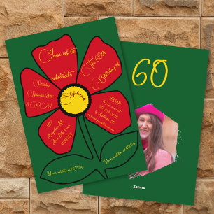 Invitación Verde, Rojo, Oro 60º cumpleaños Flor de Doodle sim