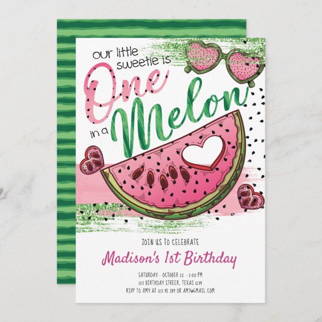 Invitación Verde Rosa lindo en un Melón Primer cumpleaños (Anverso / Reverso)