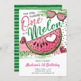 Invitación Verde Rosa lindo en un Melón Primer cumpleaños