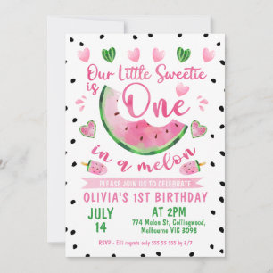 Invitación Verde Rosa Negro Uno En Un Melón Primer Cumpleaños