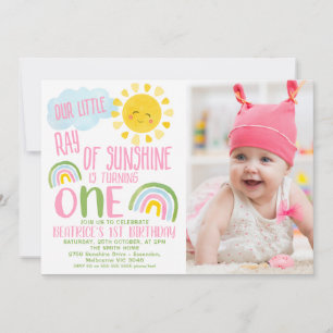 Invitación Verde Rosa Nuestro Rayo Pequeño De Sol Primer Cump