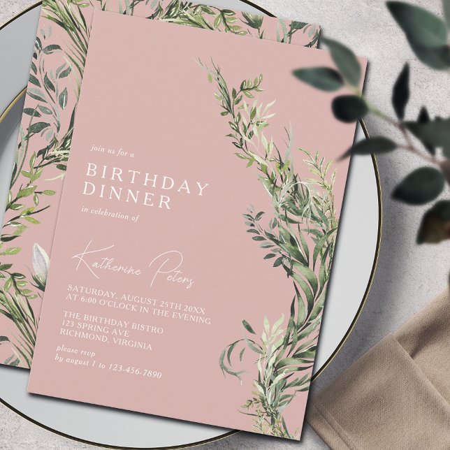 Invitación Verde rosa Rosa de Rubor | Elegante cena de cumple (Subido por el creador)