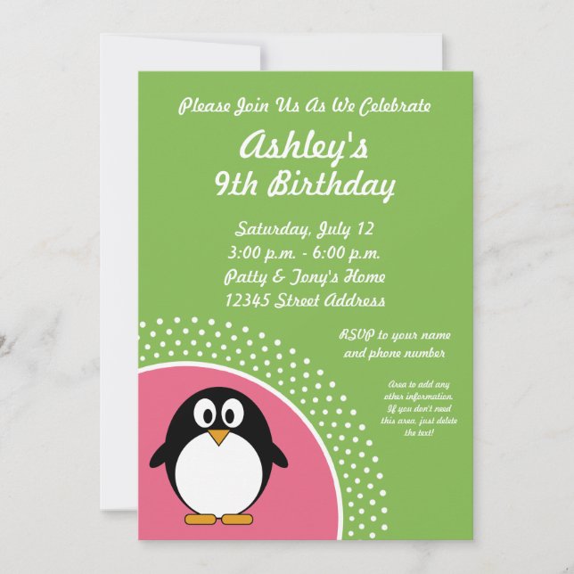 Invitación verde rosada de la fiesta de cumpleaños (Anverso)