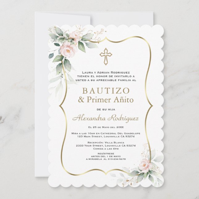 Invitación Verde Roses rosas rosas españolas Primer bautismo  (Anverso)