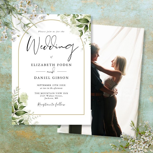 Invitación Verde Rústico Elegante Boda de fotografía del Arco (Rustic Greenery Elegant Gold Arch Photo Wedding Invitation)
