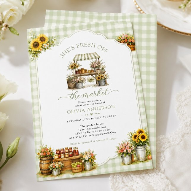 Invitación Verde Rústico Gingham Está Fresca Salida Del Merca (Rustic Green Gingham She's Fresh Off The Market Invitation)