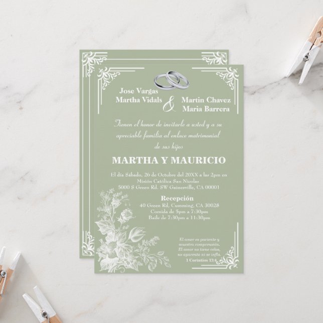 Invitación Verde Sabio Elegante Nuestra Boda  (Anverso/Reverso In Situ)