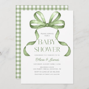 Invitación Verde sabio lindo Bow Gingham Baby Shower