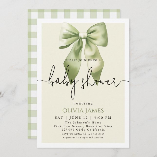 Invitación Verde sabio lindo Bow Gingham Baby Shower (Anverso / Reverso)