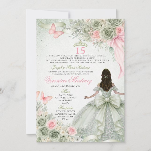 Invitación Verde Sage Español & Floral Princesa de Rosa 15 Añ (Anverso)