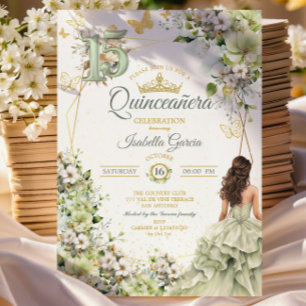 Invitación Verde Sage Floral Mariposas Doradas Quinceañera