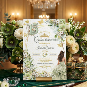 Invitación Verde Sage Floral Mariposas Doradas Quinceañera