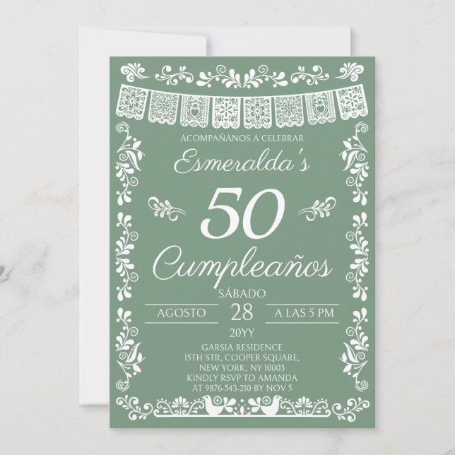 Invitación Verde Salvia 50 Cumpleaños Fiesta de Cumpleaños (Anverso)