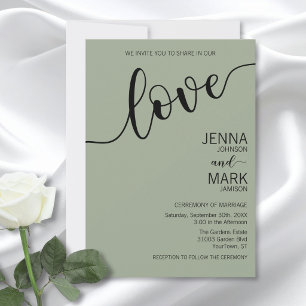 Invitación Verde Salvia Amor Negro Letra Minimalista Boda