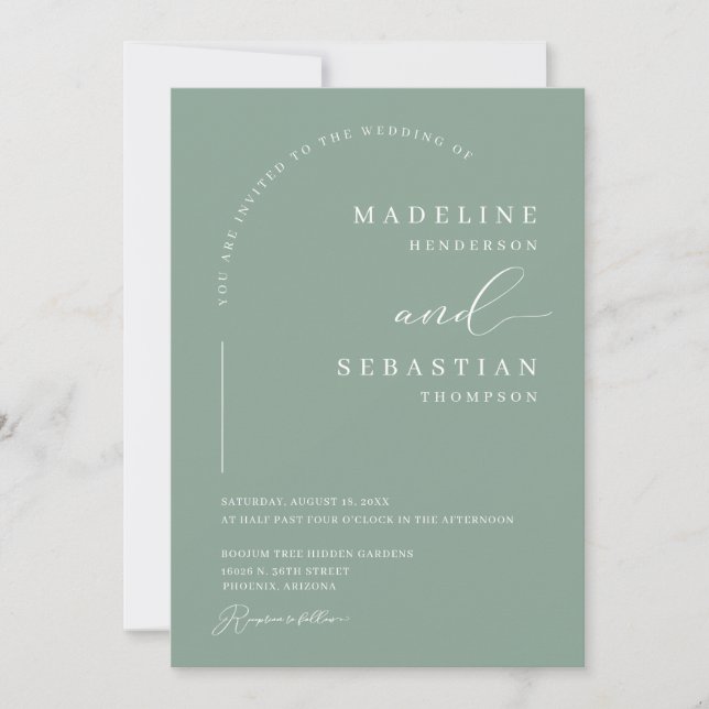 Invitación Verde Salvia Boho Moderno Arco Foto Boda (Anverso)