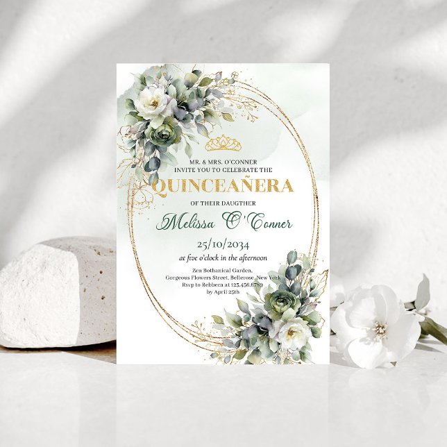 Invitación Verde Salvia Boho Quinceañera Verde Dor (Sage Green Boho Quinceañera Greenery Gold Invitation)