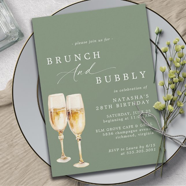 Invitación Verde salvia | Brunch de cumpleaños de Champagne y (Subido por el creador)