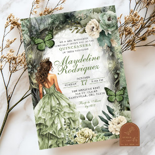 Invitación Verde Salvia Caprichoso Quinceañera del Bosque