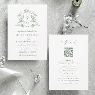 Invitación Verde Salvia Clásico Floral Cresta Boda Todo en Un