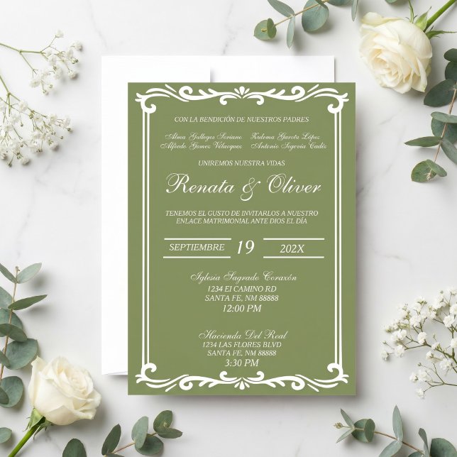 Invitación Verde salvia con marco boda española  (Subido por el creador)