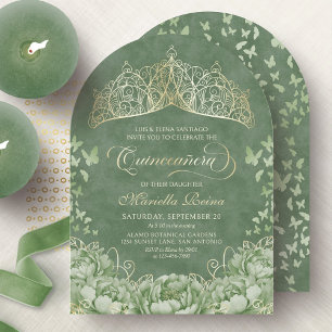 Invitación Verde Salvia Corona Floral Elegante Quinceañera