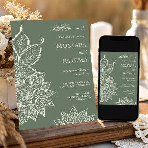 Invitación Verde Salvia Crema Mehndi Henna Boda Musulmana