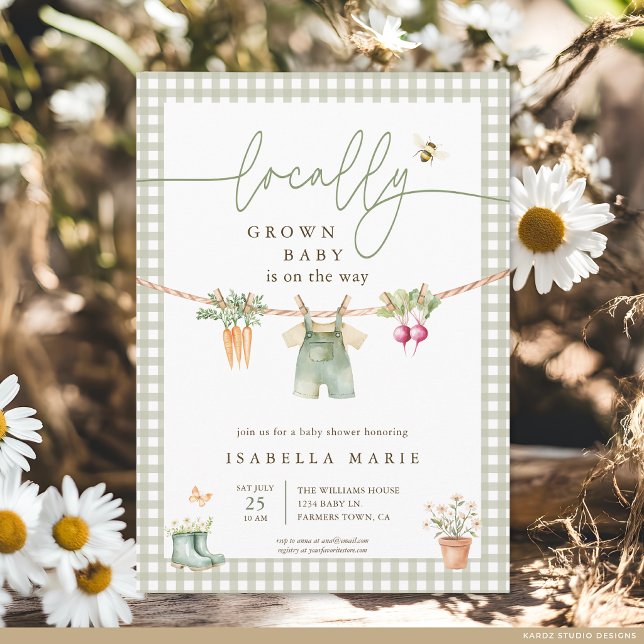Invitación Verde Salvia Cumpleaños de Bebé de Producción Loca (The front of the baby shower invite is shown at a 5x7-inch size. Choose paper, + corner style.)