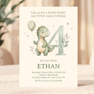 Invitación Verde Salvia Dinosaurio Adorable Cumpleaños 4