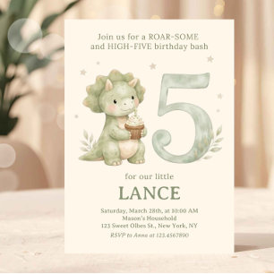 Invitación Verde Salvia Dinosaurio Adorable Cumpleaños 5