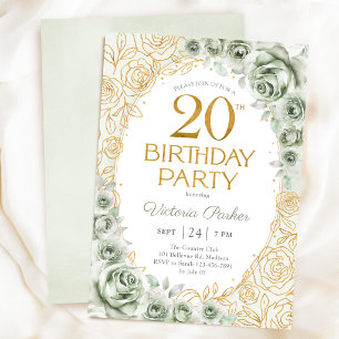 Invitación Verde Salvia Dorado Floral 20 Cumpleaños